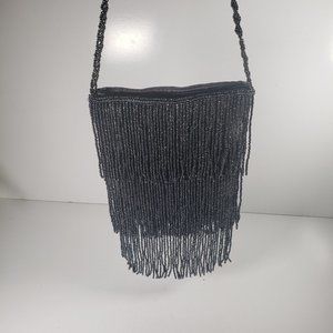 Vintage Retro Go-Go Tassel Gray Grey Beaded Crossbody Purse